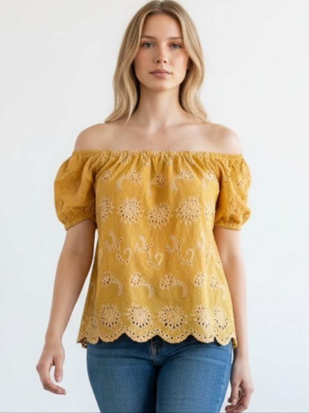 Grace & Emma NWT Yellow Eyelet Embroidered Puff Sleeve Boho Top Medium